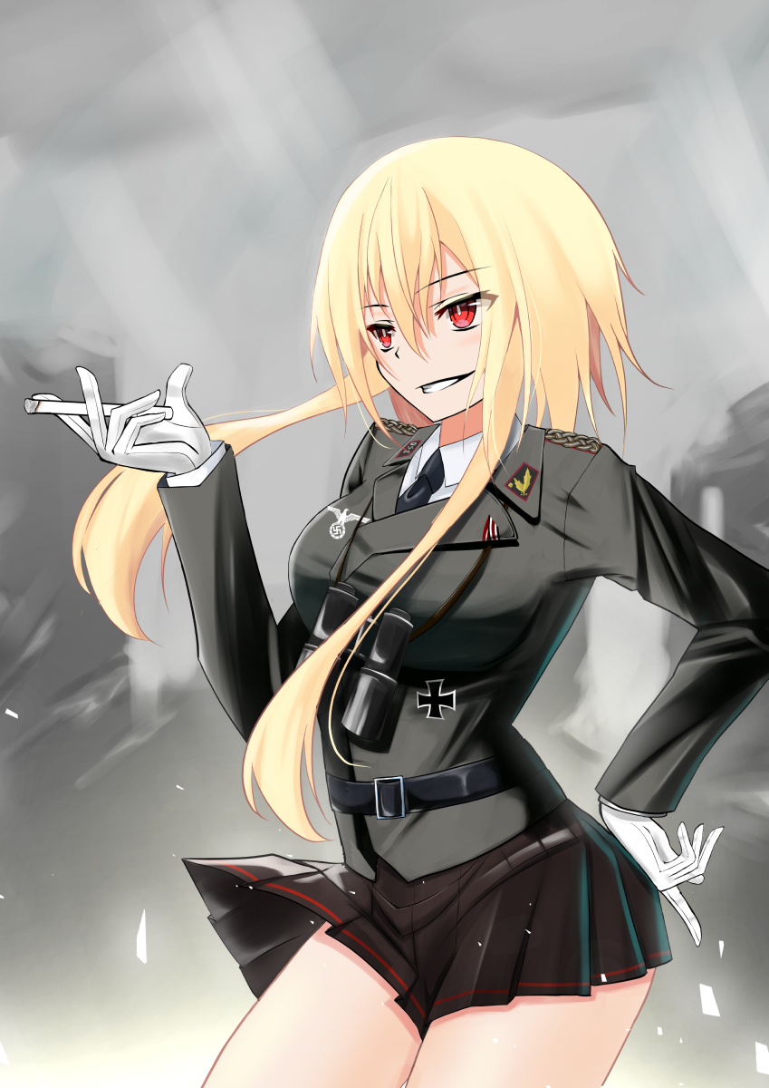 binoculars black_uniform blonde_hair cross epaulettes female_soldier german_army germany gloves hat highres iron_cross jiseki_rena military military_uniform original red_eyes schutzstaffel skirt uniform white_gloves