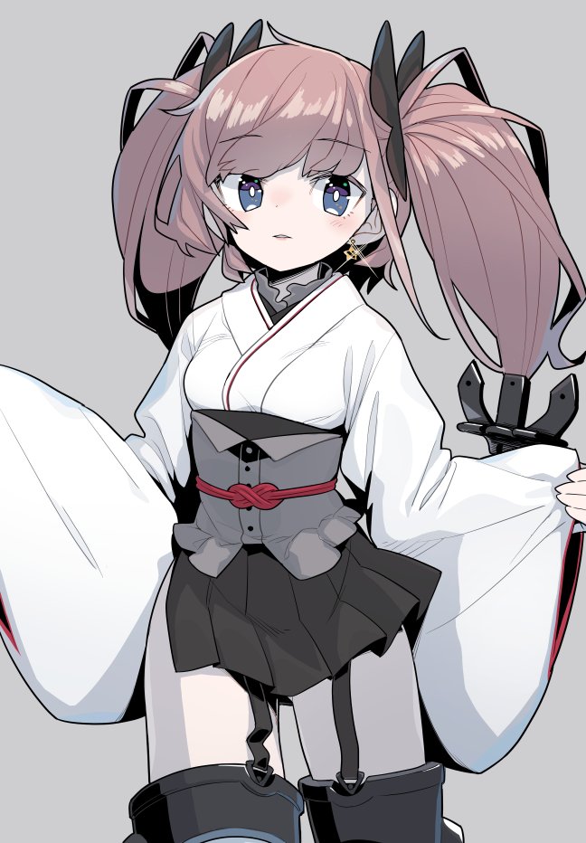 1girl adapted_costume atlanta_(kancolle) black_skirt blush brown_hair cowboy_shot earrings eyebrows_visible_through_hair grey_background grey_eyes japanese_clothes jewelry kantai_collection kimono long_hair long_sleeves monaka_ooji obi pleated_skirt sash simple_background single_earring skirt solo star_(symbol) star_earrings two_side_up white_kimono wide_sleeves