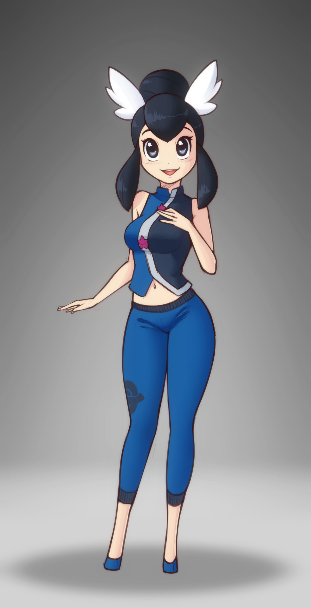 1girl absurdres adapted_costume bangs breasts hand_on_own_chest highres liza_(pokemon) looking_at_viewer medium_breasts navel older open_mouth pants pokemon pokemon_(game) pokemon_rse scorpdk simple_background smile solo