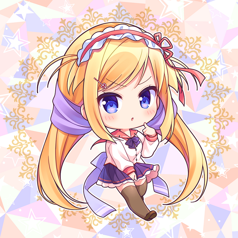 1girl :o blonde_hair blue_eyes blush bow brown_footwear brown_legwear chibi commentary_request frilled_hairband frilled_skirt frills full_body hairband loafers long_hair long_sleeves looking_at_viewer low_twintails nursery_rhyme parted_lips pleated_skirt purple_bow purple_skirt red_hairband red_sailor_collar ryuuka_sane sailor_collar shirt shoes skirt solo thighhighs tita_flawless_brandt twintails very_long_hair white_shirt