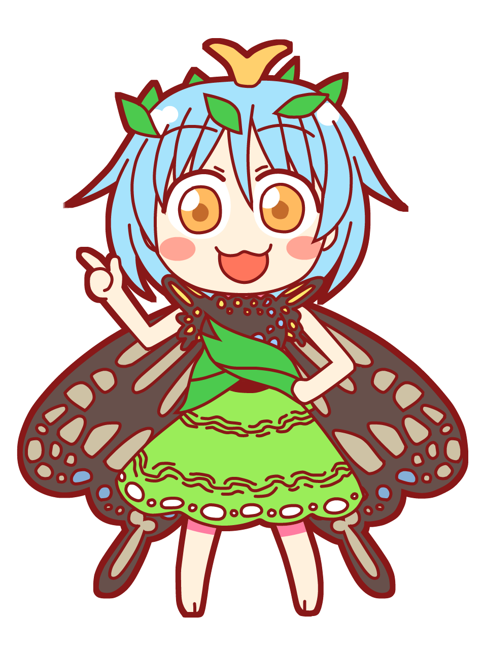 1girl antennae aqua_hair barefoot blush_stickers butterfly_wings dress eternity_larva eyebrows_visible_through_hair fairy full_body green_dress hair_between_eyes highres leaf leaf_on_head multicolored_clothes multicolored_dress open_mouth orange_eyes rokugou_daisuke short_hair short_sleeves single_strap smile solo touhou transparent_background wings