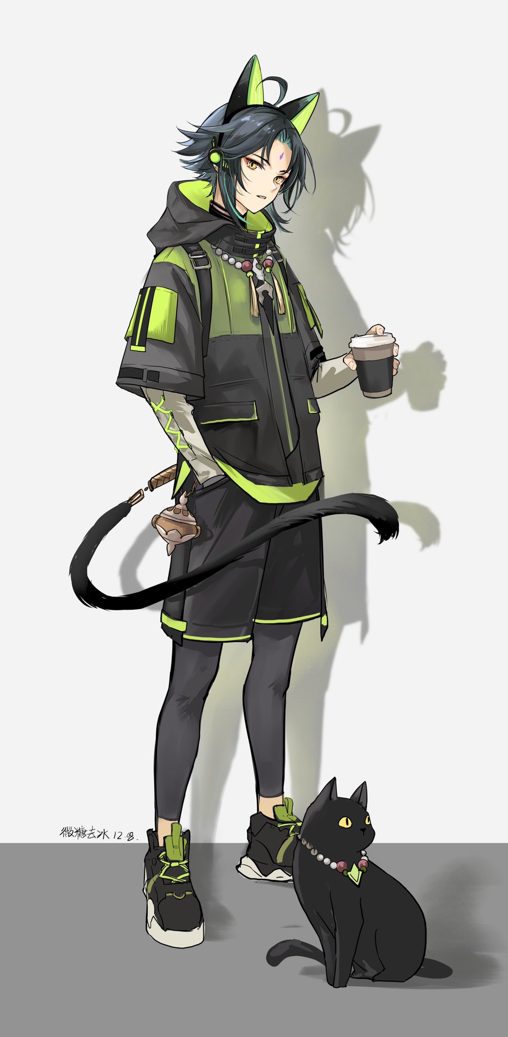 1boy alternate_costume animal_ears aqua_hair bangs bead_necklace beads black_cat black_footwear black_shorts casual cat cat_ears cat_tail cup dark_blue_hair dated disposable_cup eyelashes eyeliner eyeshadow facial_mark fingernails forehead_mark full_body genshin_impact grey_background hand_in_pocket headphones highres holding holding_cup hood hoodie issign jewelry lace looking_at_viewer makeup male_focus necklace open_mouth parted_bangs parted_lips red_eyeshadow shoes short_sleeves shorts sidelocks silhouette simple_background sneakers solo standing tail tattoo xiao_(genshin_impact) yellow_eyes