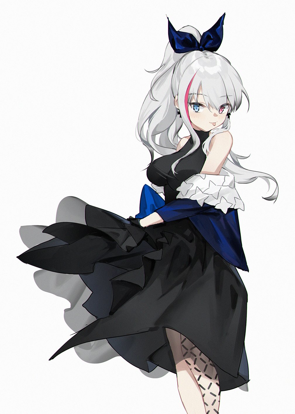 1girl bangs black_dress black_gloves blue_eyes bow breasts closed_mouth cross cross_earrings dress earrings eyebrows_visible_through_hair feet_out_of_frame girls'_frontline gloves hair_bow heterochromia highres jewelry long_hair looking_at_viewer mdr_(cocktail_observer)_(girls'_frontline) mdr_(girls'_frontline) medium_breasts multicolored_hair ponytail purple_eyes silver_hair smile smile_(mm-l) solo standing tongue tongue_out white_background