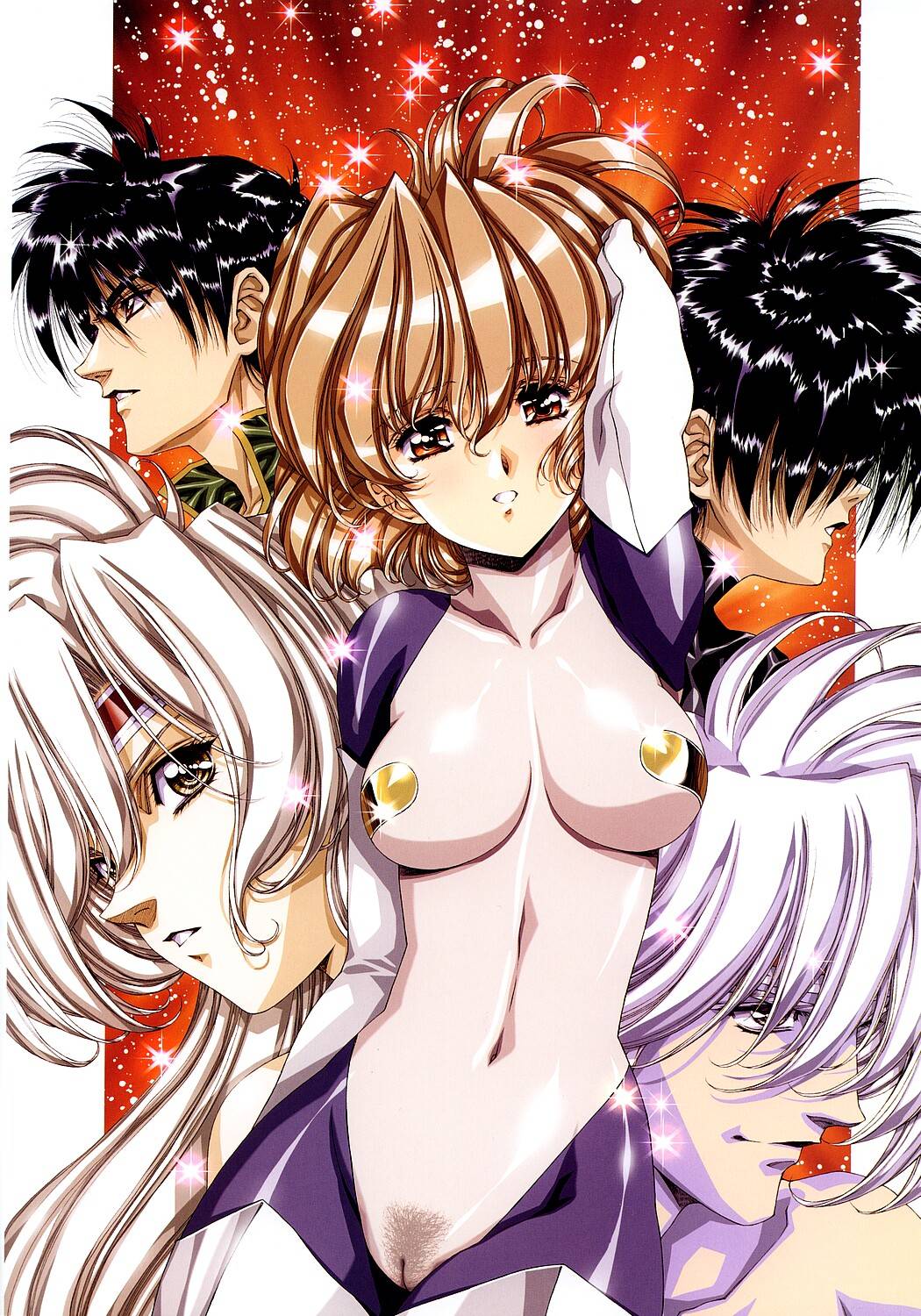 3girls arm_up bangs bishounen black_hair bodysuit breasts breasts_apart brother_and_sister brown_eyes brown_hair cameltoe carol_(chirality) chirality collarbone covered_navel cowboy_shot dual_persona hair_over_eyes headband highres impossible_bodysuit impossible_clothes large_breasts lipstick long_hair looking_at_viewer looking_to_the_side makeup multiple_boys multiple_girls no_bra no_panties nude_filter parted_lips patty_(chirality) pubic_hair scan see-through shiny shiny_hair shiori_(chirality) shizuma_(chirality) short_hair siblings skin_tight sparkle third-party_edit turtleneck urushihara_satoshi white_hair