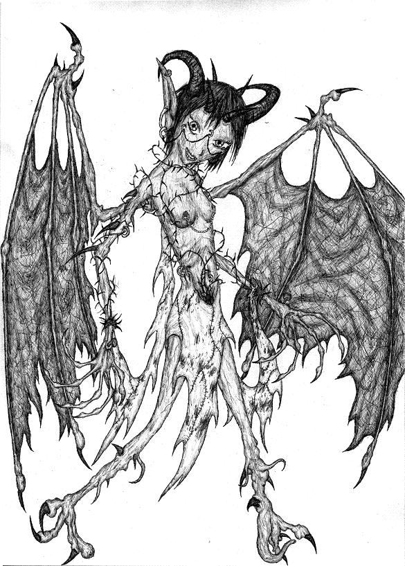 barbed_wire breasts claws grin horns monochrome monster thin what wings