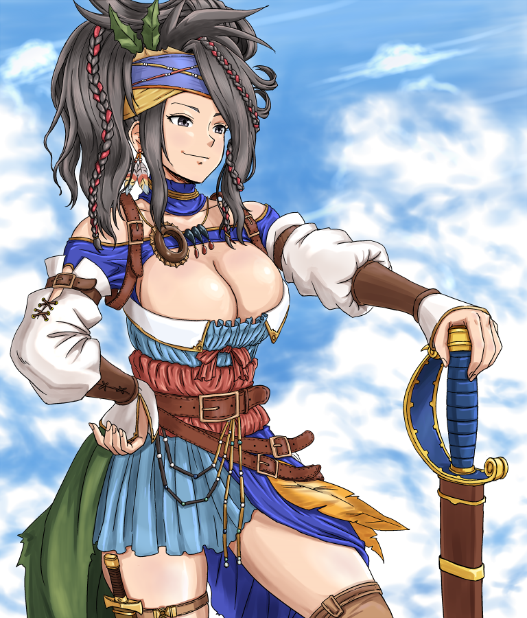 1girl anbj arm_belt armor belt belt_buckle black_hair braid breasts brown_belt brown_eyes brown_legwear buckle cleavage closed_mouth cloud commentary_request cowboy_shot dagger earrings feather_earrings feathers granblue_fantasy hair_ornament headband holster holstered_weapon jewelry knife large_breasts leather_armor necklace partial_commentary sig_(granblue_fantasy) smile solo sword weapon