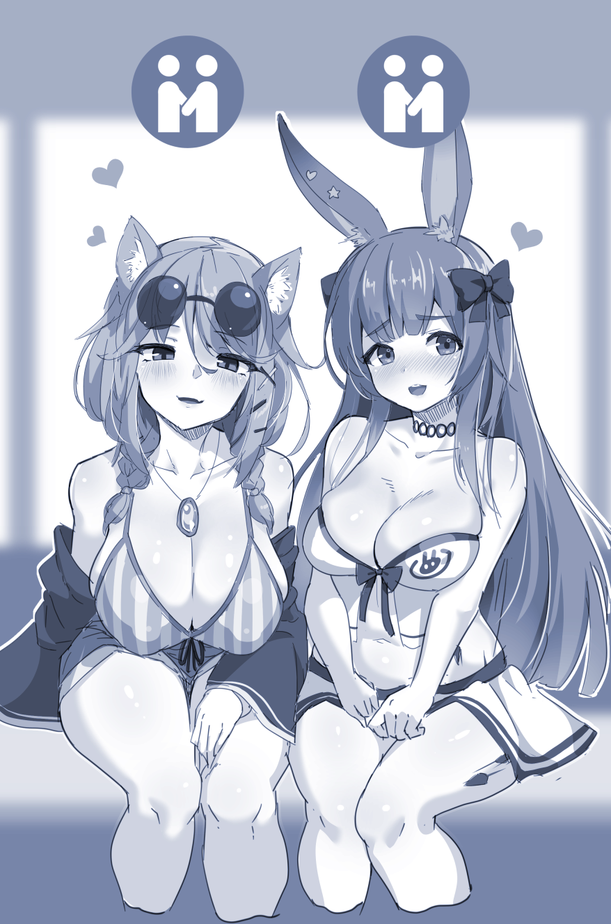 2girls :d animal_ear_fluff animal_ears arknights ayagi_daifuku bangs bare_arms bare_shoulders bikini bikini_skirt blush bow braid breasts cleavage collarbone cropped_legs eyebrows_visible_through_hair eyewear_on_head hair_bow heart highres hug invisible_chair jewelry large_breasts leaning_forward long_hair long_sleeves looking_at_viewer monochrome multiple_girls navel necklace nose_blush official_alternate_costume open_clothes open_mouth oripathy_lesion_(arknights) purple_theme rabbit_ears rope_(arknights) rope_(summer_flowers)_(arknights) round_eyewear short_shorts shorts sitting skindentation smile stomach straight_hair strapless strapless_bikini striped striped_bikini sunglasses swept_bangs swimsuit twin_braids utage_(arknights) utage_(summer_flowers)_(arknights) vertical-striped_bikini vertical_stripes very_long_hair