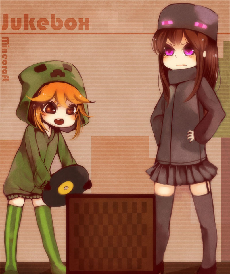 2girls ander_(at2.) at2. black_legwear black_skirt blush brown_eyes brown_hair chibi closed_mouth creeparka creeper cupa_(at2.) enderman eyebrows_visible_through_hair garter_straps green_hoodie green_legwear hood hoodie jukebox long_hair long_sleeves looking_at_another looking_away medium_hair minecraft multiple_girls open_mouth personification pleated_skirt purple_eyes record skirt smile thighhighs