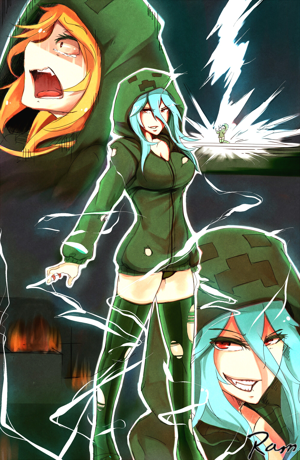 1girl at2. blonde_hair blue_hair breasts charged_creeper cleavage creeparka creeper cupa_(at2.) electricity evil_grin evil_smile green_legwear grin highres hood hoodie lightning looking_at_viewer medium_breasts minecraft naked_hoodie open_mouth panties personification red_eyes smile solo standing tears thighhighs torn_clothes torn_legwear underwear