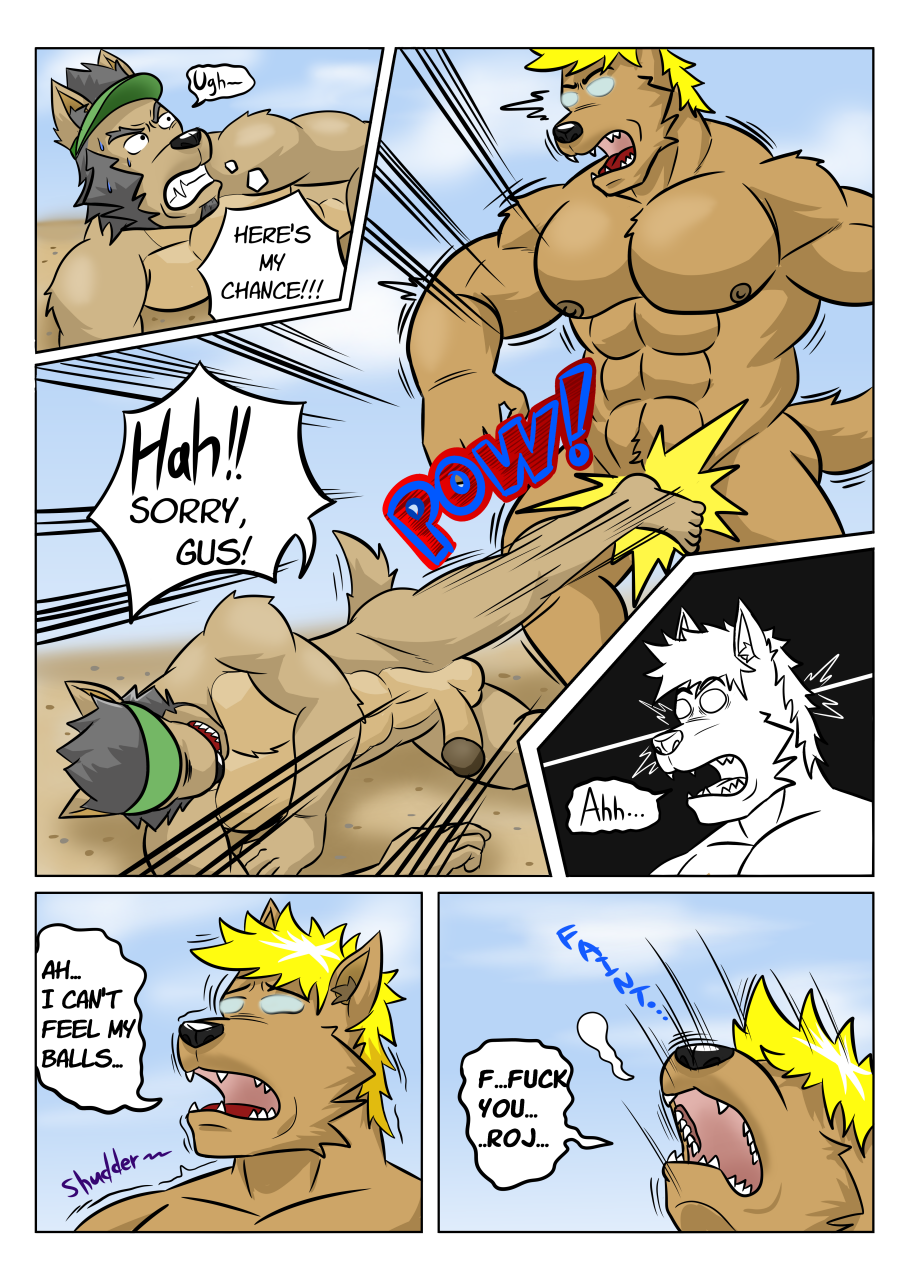 5_toes abs angry anthro attack big_muscles black_and_white black_hair blonde_hair blue_glow bodily_fluids brown_body brown_fur canid canine canis clenched_teeth clothing cloud comic crotch_attack crotch_kick dialogue domestic_dog duo english_text facial_hair fainting feet fur genital_torture genitals glowing glowing_eyes goatee grunting guss_(vju79) hair hat headgear headwear hi_res humanoid_genitalia humanoid_penis inner_ear_fluff kick lying male male/male mammal monochrome muscular muscular_anthro muscular_arms muscular_male nude on_ground on_side onomatopoeia outside pain pecs penis profanity roj_(vju79) sand sideburns sky sorry sound_effects sweat teeth text toes tuft visor_cap vju79 wide_eyed wolf