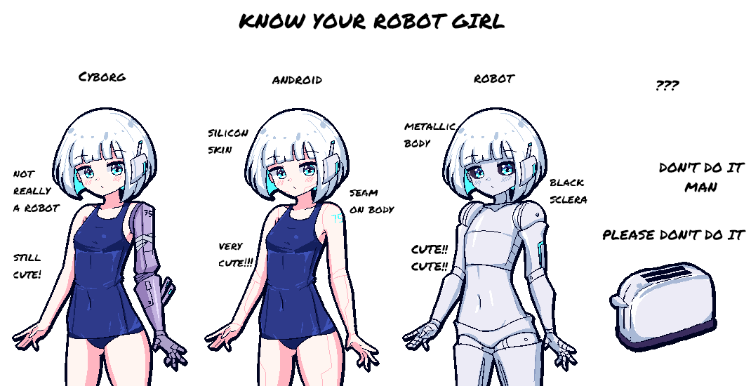 1girl android bangs bare_shoulders black_sclera blunt_bangs blush bob_cut chibikki collarbone colored_sclera cyborg doll_joints english_commentary english_text eyebrows_visible_through_hair joints light_blue_eyes mechanical_arms navel original robot school_swimsuit single_mechanical_arm swimsuit toaster white_hair