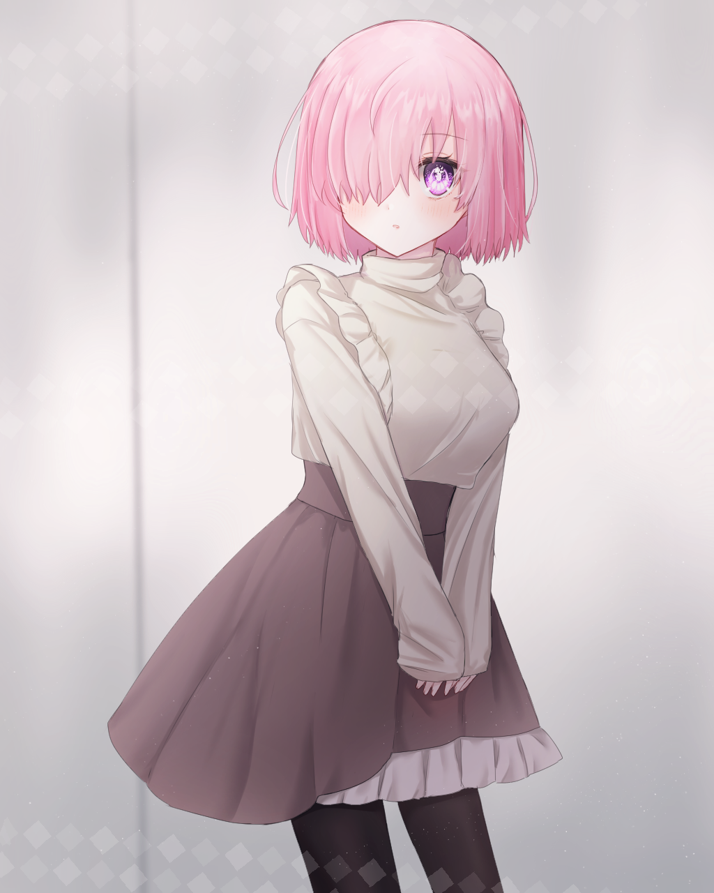 1girl black_legwear blush fate/grand_order fate_(series) grey_background grey_skirt hair_over_one_eye harukappa highres long_sleeves looking_at_viewer mash_kyrielight miniskirt open_mouth pantyhose pink_hair purple_eyes shiny shiny_hair short_hair skirt sleeves_past_wrists solo standing sweater white_sweater