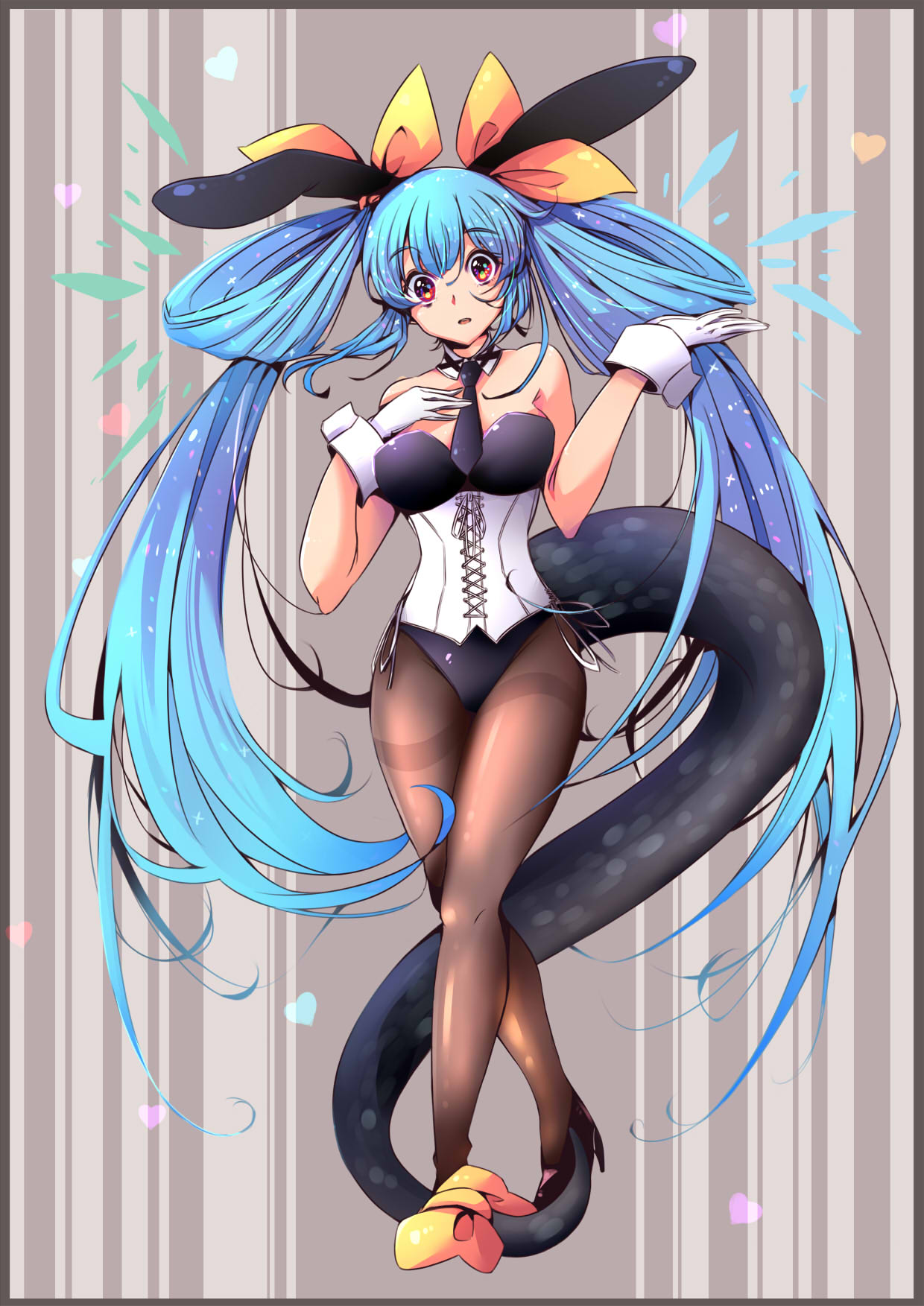 1girl animal_ears bangs bare_shoulders black_bow black_necktie blue_hair bow breasts dizzy_(guilty_gear) eyebrows_visible_through_hair fake_animal_ears gloves guilty_gear guilty_gear_xrd hair_between_eyes hair_ribbon hair_rings hand_on_own_chest heart high_heels highres iguana_henshuu-chou large_breasts long_hair monster_girl necktie open_mouth pantyhose playboy_bunny rabbit_ears red_eyes ribbon solo tail tail_ornament tail_ribbon thighhighs twintails white_gloves wrist_cuffs yellow_ribbon