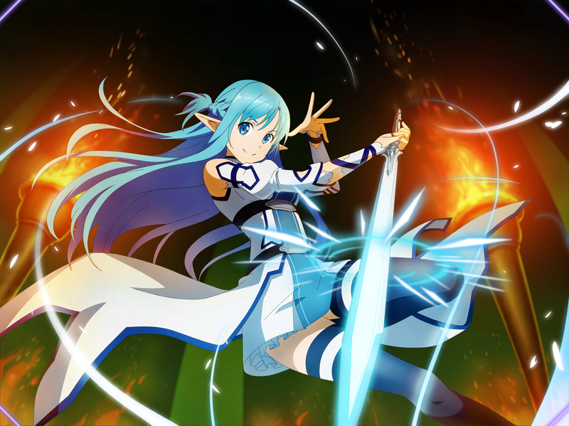 1girl asuna_(sao-alo) blue_eyes blue_hair blue_legwear braid closed_mouth detached_sleeves floating_hair french_braid game_cg holding holding_sword holding_weapon long_hair miniskirt pointy_ears shiny shiny_hair skirt smile solo sword sword_art_online sword_art_online:_alicization_rising_steel thigh_strap thighhighs very_long_hair waist_cape weapon white_skirt white_sleeves
