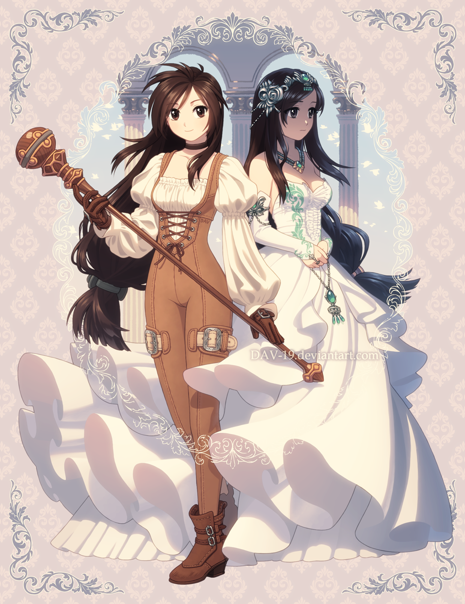bird black_hair bodysuit boots breasts brown_gloves cleavage dav-19 dress dual_persona final_fantasy final_fantasy_ix garnet_til_alexandros_xvii gloves hair_ornament highres jewelry long_hair looking_at_viewer low-tied_long_hair necklace orange_bodysuit puffy_sleeves smile staff standing tiara very_long_hair white_dress