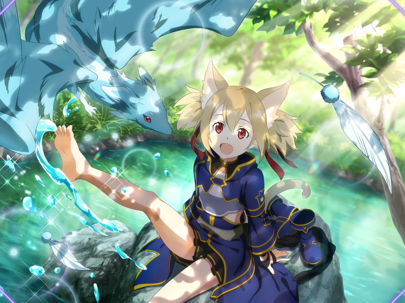 1girl :d animal_ears armor bare_legs barefoot black_gloves black_skirt blonde_hair boots boots_removed breastplate cat_ears cat_girl cat_tail day fingerless_gloves game_cg gloves hair_ribbon lake lens_flare long_sleeves medium_hair miniskirt outdoors pina_(sao) pleated_skirt red_eyes red_ribbon ribbon shiny shiny_hair shrug_(clothing) silica_(sao-alo) sitting skirt smile soles solo sparkle splashing sunlight sword_art_online sword_art_online:_alicization_rising_steel tail twintails waist_cape white_feathers