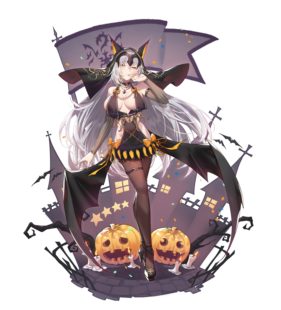 1girl animal_ears bangs black_legwear breasts cleavage fake_animal_ears fate/grand_order fate_(series) flag halloween halloween_costume headpiece jeanne_d'arc_(alter)_(fate) jeanne_d'arc_(fate) jewelry lance leg_belt licking licking_finger long_hair looking_at_viewer necklace pantyhose polearm pumpkin silver_hair solo standing thighhighs tongue tongue_out veil weapon xion32 yellow_eyes
