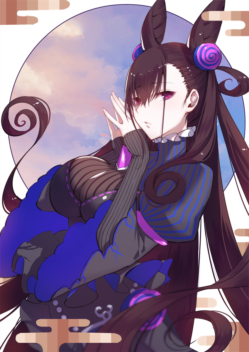 1girl bangs black_dress black_hair breasts dress eyebrows_behind_hair eyebrows_visible_through_hair fate/grand_order fate_(series) hair_between_eyes hair_ornament hairband highres impossible_clothes large_breasts long_hair looking_at_viewer murasaki_shikibu_(fate) red_eyes solo twintails upper_body very_long_hair xion32