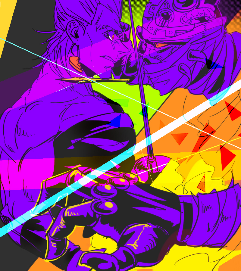 2boys anzumame bare_shoulders biceps colorful earrings fingerless_gloves gloves helmet j._geil jean_pierre_polnareff jewelry jojo_no_kimyou_na_bouken male_focus multiple_boys rapier stardust_crusaders sword weapon