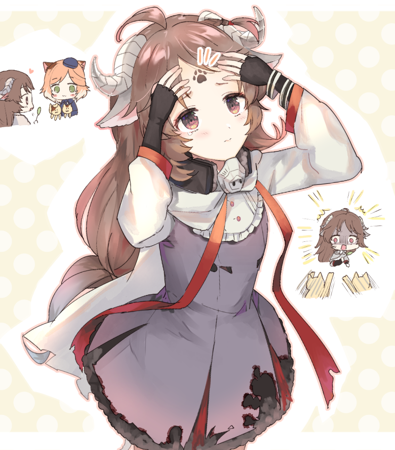 ^^^ ahoge animal animal_ear_fluff animal_ears arknights arms_up bangs black_gloves blue_headwear brown_eyes brown_hair cat cat_ears cattail chibi dress eyebrows_visible_through_hair eyjafjalla_(arknights) facial_mark fingerless_gloves forehead_mark gloves grey_dress hands_on_own_head hat heart holding horns long_hair long_sleeves mini_hat mousse_(arknights) outline parted_bangs plant polka_dot polka_dot_background shirt speed_lines toufu_mentaru_zabuton turn_pale very_long_hair white_outline white_shirt