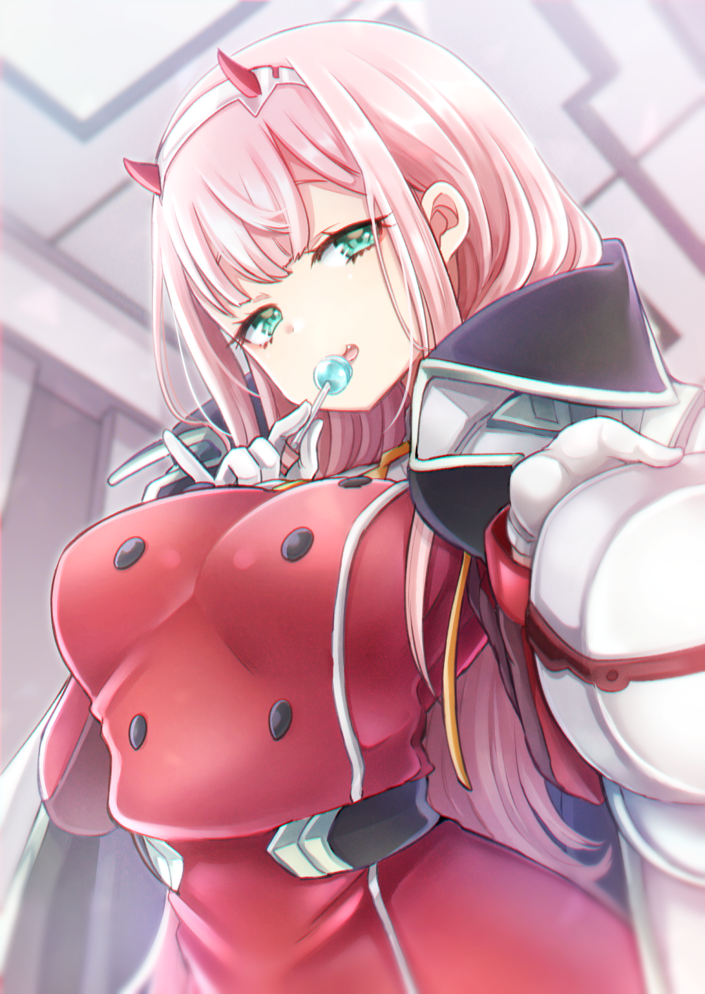 1girl bangs breasts candy darling_in_the_franxx food green_eyes hairband highres holding horns kamiya_zuzu lollipop long_hair medium_breasts military military_uniform oni_horns pink_hair red_horns solo uniform white_hairband zero_two_(darling_in_the_franxx)