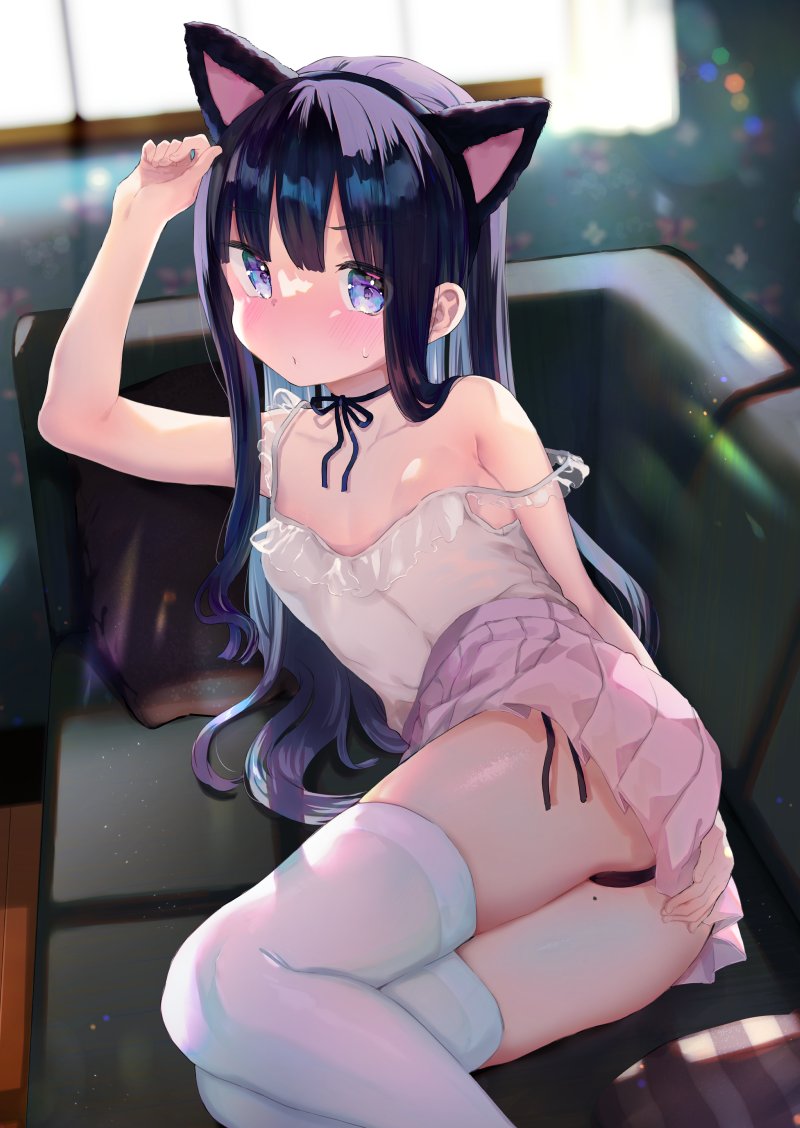 1girl animal_ears arm_up ass bangs bare_arms bare_shoulders black_choker black_hair black_hairband black_panties blue_eyes blush breasts camisole cat_ears choker closed_mouth commentary_request couch eyebrows_visible_through_hair fake_animal_ears feet_out_of_frame hairband indoors kanro_ame_(ameko) long_hair looking_at_viewer lying mole mole_on_thigh on_couch on_side original panties pantyshot pleated_skirt side-tie_panties skirt small_breasts solo strap_slip sweatdrop thighhighs underwear very_long_hair white_camisole white_legwear white_skirt