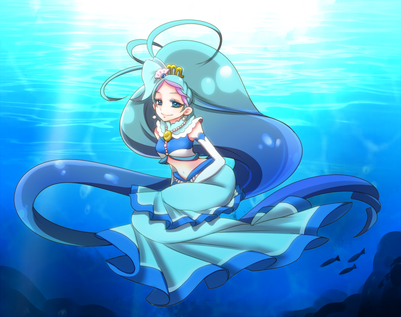 1girl blue_dress blue_eyes blue_hair blue_theme caustics closed_mouth crop_top cure_mermaid cure_mermaid_(mode_elegant) dress elbow_gloves fish full_body gloves go!_princess_precure kaidou_minami long_hair looking_at_viewer multicolored_hair navel precure purple_hair siro_(hue_white) sitting smile solo streaked_hair two-tone_hair underwater very_long_hair white_gloves