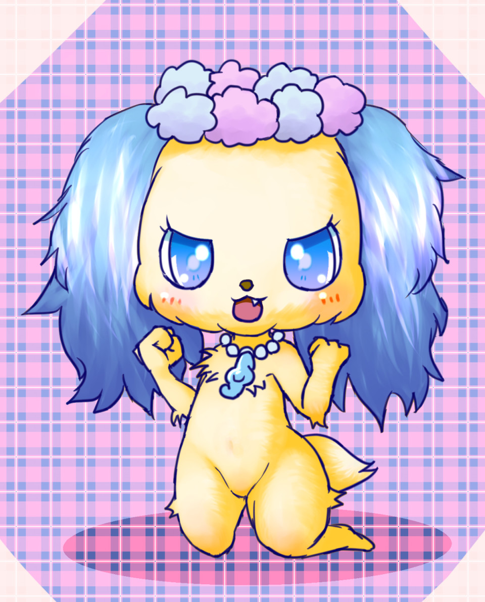 anthro bird_dog blue_ears blue_eyes blush bunnag canid canine canis cavalier_king_charles_spaniel cute_fangs domestic_dog female fur hunting_dog jewelpet jewelry kneeling looking_at_viewer mammal necklace open_mouth pattern_background sanrio sapphie simple_background solo spaniel toy_dog yellow_body yellow_fur
