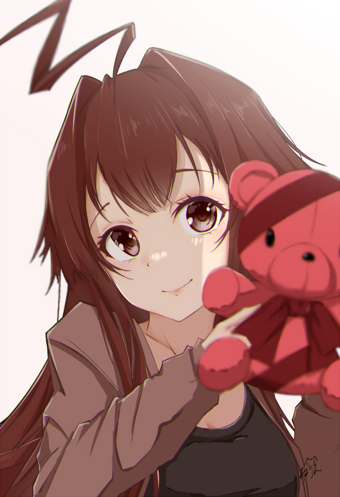 1girl ahoge artist_name blush brown_eyes brown_hair brown_jacket closed_mouth hair_between_eyes holding holding_stuffed_toy huge_ahoge jacket kantai_collection kuma_(kancolle) long_hair long_sleeves neve official_alternate_costume open_clothes open_jacket signature smile solo stuffed_animal stuffed_toy teddy_bear