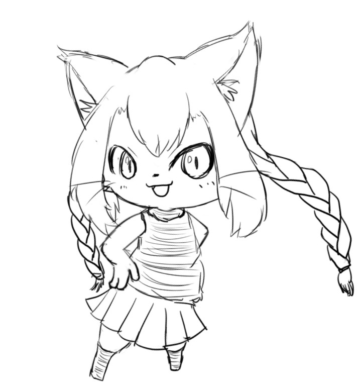 anthro bottomwear braided_hair bunnag cat_busters clothing domestic_cat felid feline felis female hair hand_on_hip long_hair looking_at_viewer mammal neko_hakase open_mouth pigtails pupils simple_background sketch skirt slit_pupils solo twin_braids whiskers white_background