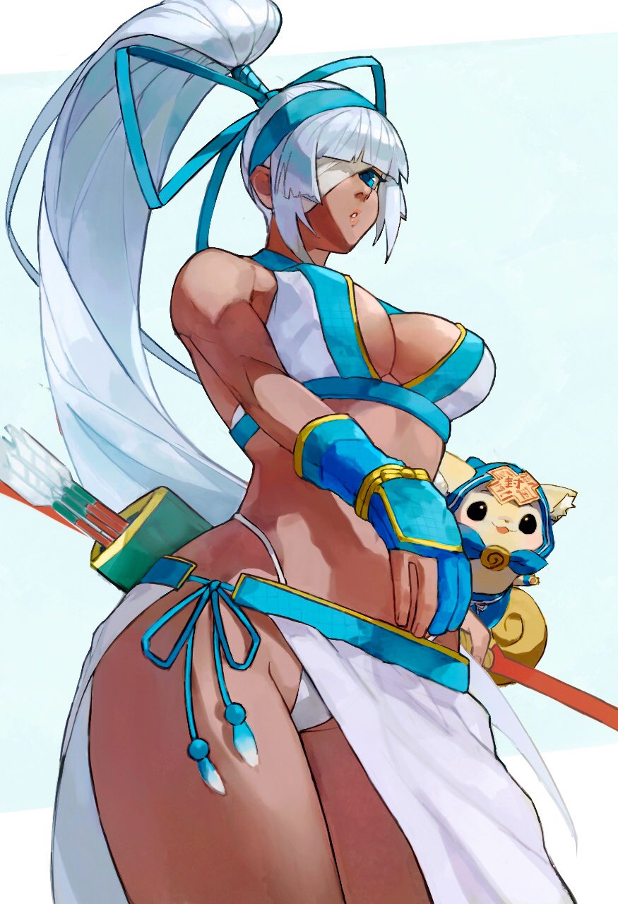 arrow_(projectile) bandage_over_one_eye blue_eyes bow_(weapon) breasts champuru dark-skinned_female dark_skin gloves highres large_breasts long_hair majikina_mina oni_gini partially_fingerless_gloves ponytail quiver samurai_spirits sarong side-tie_skirt snk thong weapon white_hair white_sarong