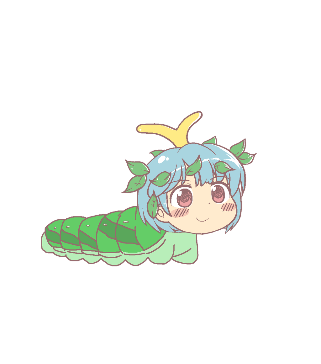 1girl anonymous_(japanese) antennae aqua_hair blush brown_eyes caterpillar closed_mouth eternity_larva eyebrows_visible_through_hair gyate_gyate human_head jaggy_lines leaf leaf_on_head short_hair smile solo too_literal touhou transparent_background