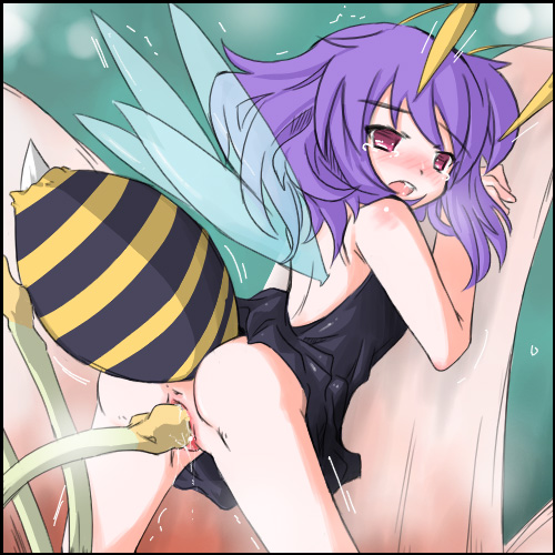 1girl anus artist_request back bare_shoulders bee bee_girl bent_over dress flower from_behind insect_girl lowres monster_girl nude pollination purple_eyes purple_hair pussy pussy_juice red_eyes sex tears tentacle trembling uncensored vaginal wings