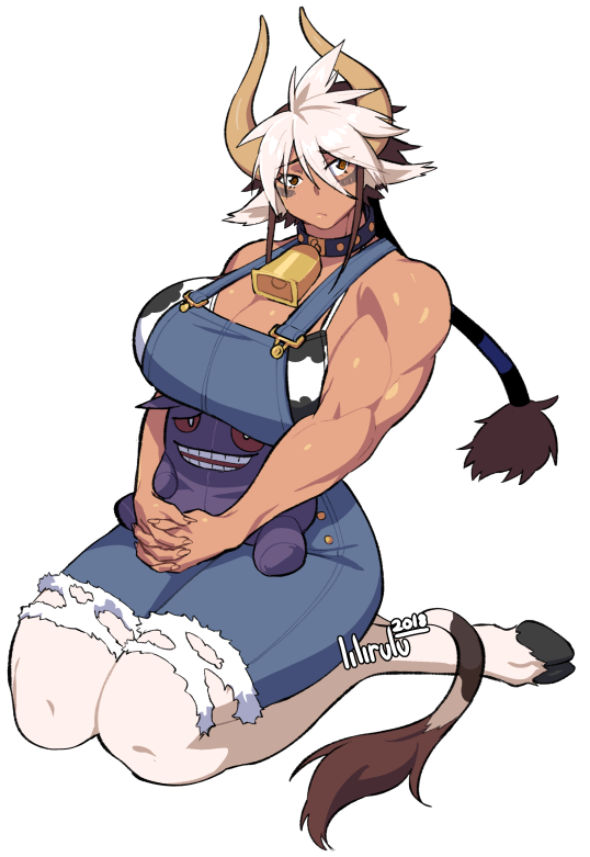 1girl animal_ears animal_print bell biceps body_fur breasts brown_eyes brown_hair cathyl cow_ears cow_girl cow_horns cow_print cow_tail cowbell facial_mark gengar hair_between_eyes horns large_breasts lilirulu monster_girl monster_musume_no_iru_nichijou multicolored_hair muscular muscular_female neck_bell overalls own_hands_together pokemon ponytail seiza simple_background sitting solo stuffed_toy tail transparent_background white_hair