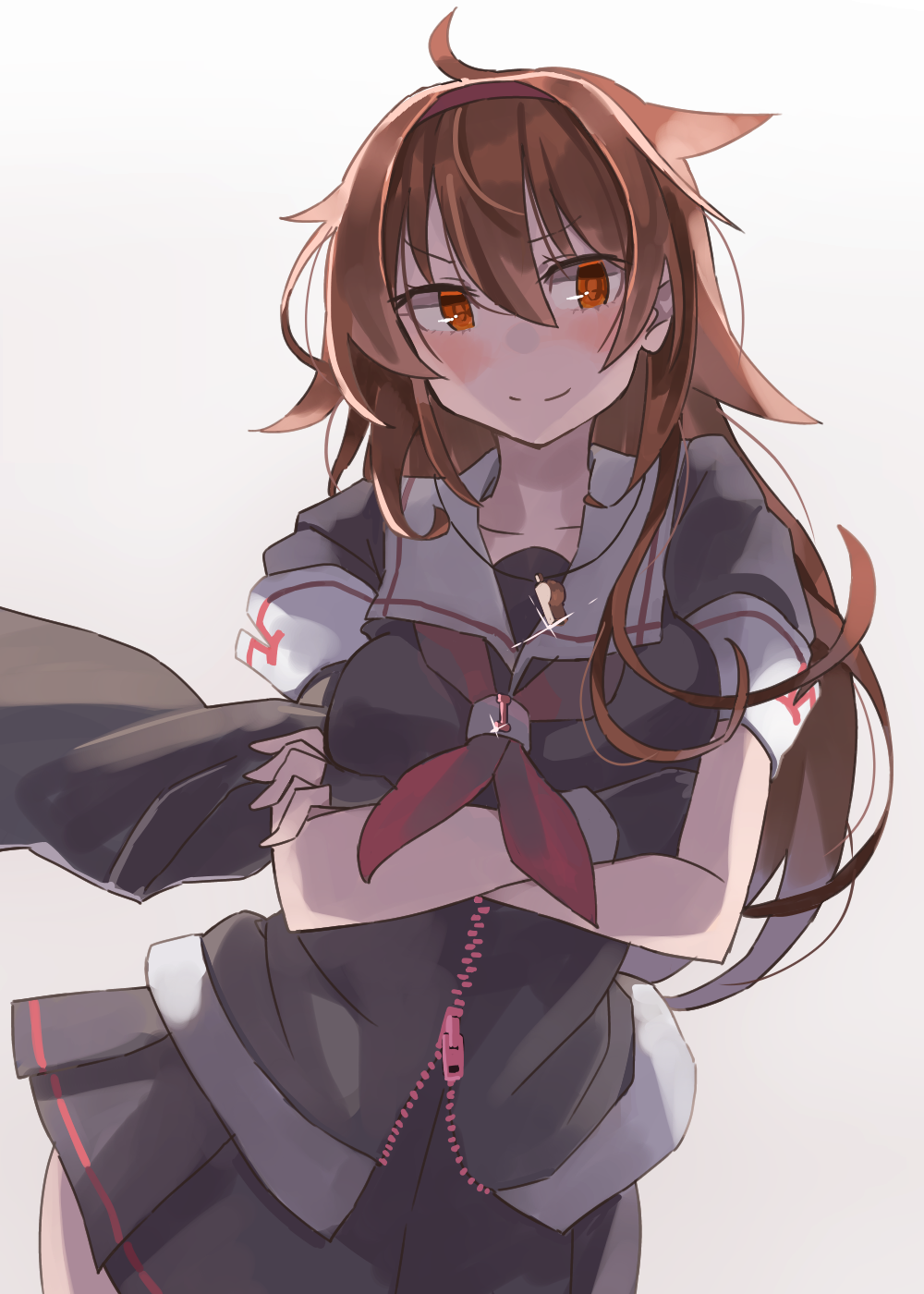 1girl bangs black_gloves black_serafuku black_skirt blush breasts brown_eyes brown_hair commentary_request crossed_arms eyebrows_visible_through_hair fingerless_gloves gloves grey_background hair_between_eyes hair_flaps hairband highres kantai_collection long_hair looking_at_viewer medium_breasts neckerchief pleated_skirt red_hairband red_neckwear remodel_(kantai_collection) sailor_collar school_uniform serafuku shiratsuyu_(kancolle) simple_background skirt smile solo sparkle sugue_tettou twitter_username whistle whistle_around_neck zipper