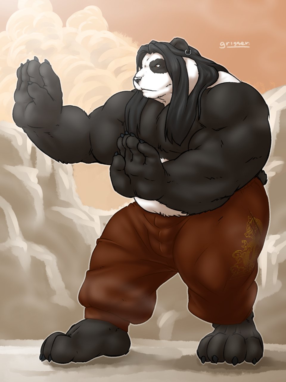 4_toes 5_fingers anthro barefoot biceps black_body black_fur black_hair black_nose bottomwear claws clothed clothing ear_piercing ear_ring feet fingers fur giant_panda grisser hair hi_res long_hair male mammal pants piercing signature solo standing toe_claws toes topless ursid vixmuyo white_body white_fur