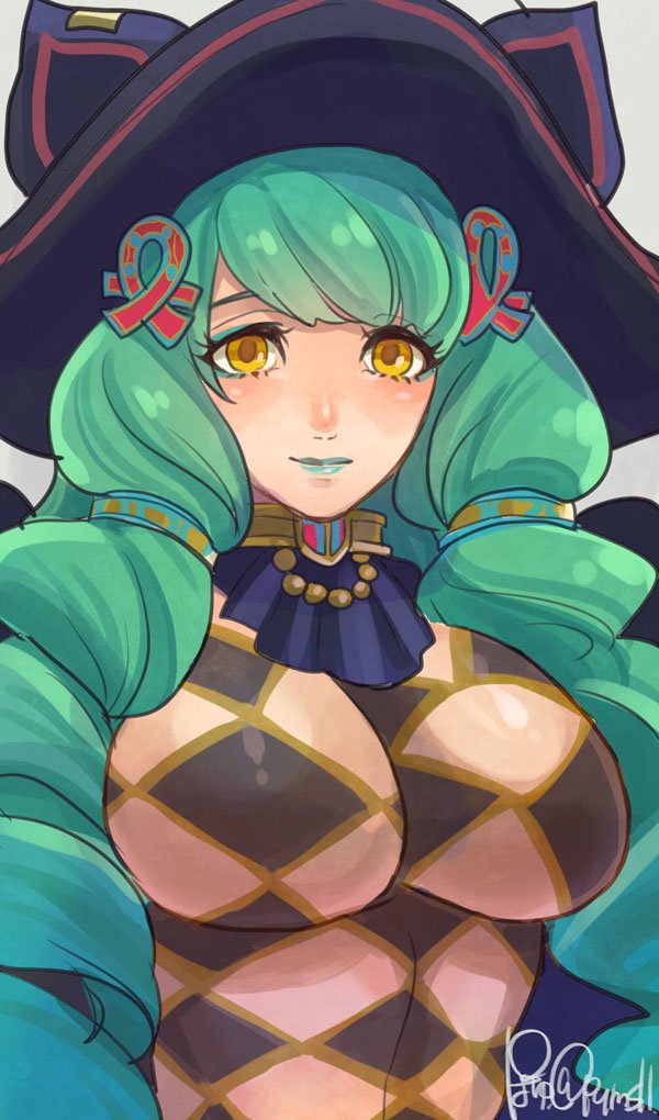 1girl argyle argyle_cutout black_gloves breasts closed_mouth clothing_cutout drill_hair fiore_brunelli gloves green_hair hair_ornament hat long_hair looking_at_viewer makeup payu_(pyms11) revealing_clothes simple_background smile solo star_ocean star_ocean_integrity_and_faithlessness twin_drills witch_hat yellow_eyes