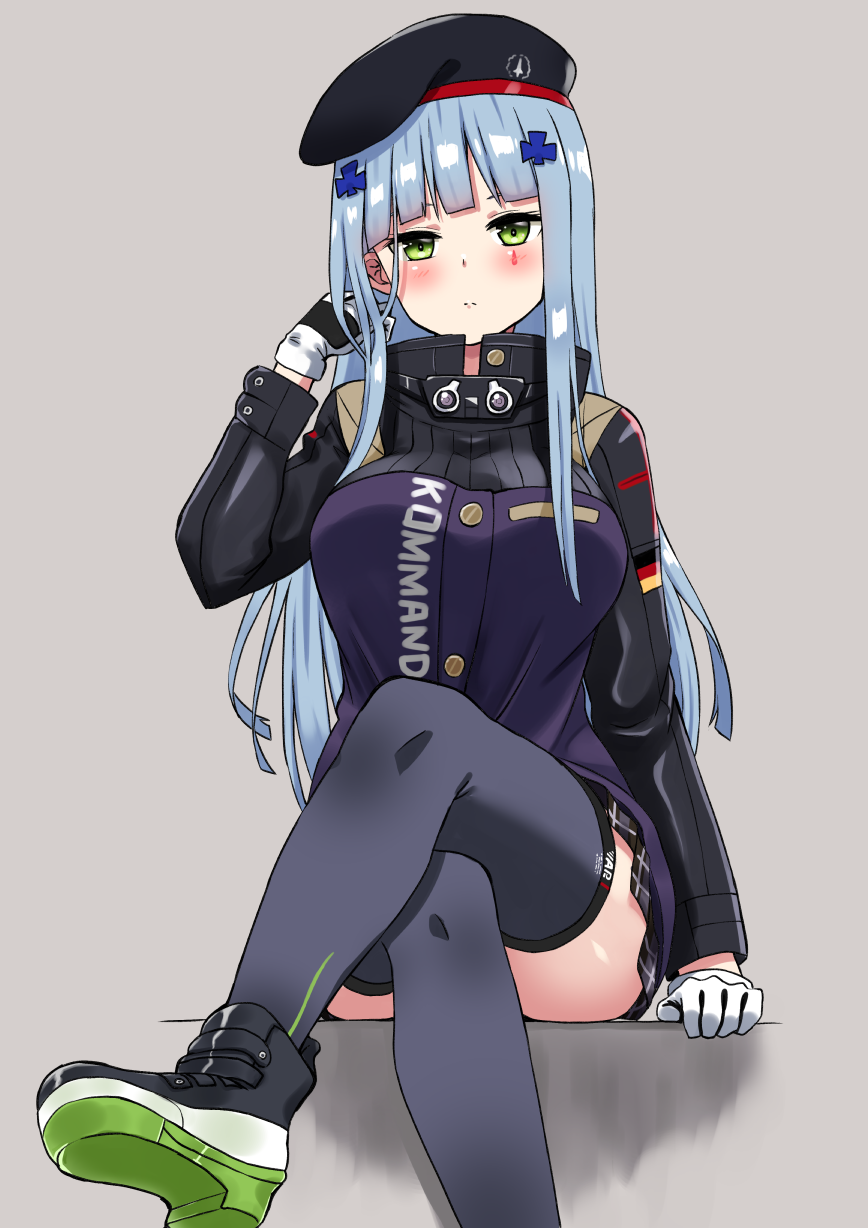 1girl arm_support bangs beret blue_hair blunt_bangs blush_stickers breasts crossed_legs german_flag girls'_frontline gloves green_eyes grey_background hair_ornament hand_in_hair hat highres hk416_(girls'_frontline) large_breasts long_hair looking_at_viewer miniskirt shinatsukou shoes simple_background sitting skirt solo teardrop_tattoo thighhighs zettai_ryouiki