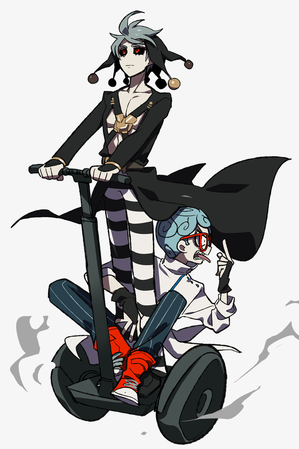 2boys black_sclera blue_hair colored_sclera curly_hair ghiaccio glasses hat_bobbles highres jojo_no_kimyou_na_bouken karabako male_focus multiple_boys pants red-framed_eyewear red_eyes risotto_nero segway shoes sneakers striped striped_pants vertical-striped_pants vertical_stripes