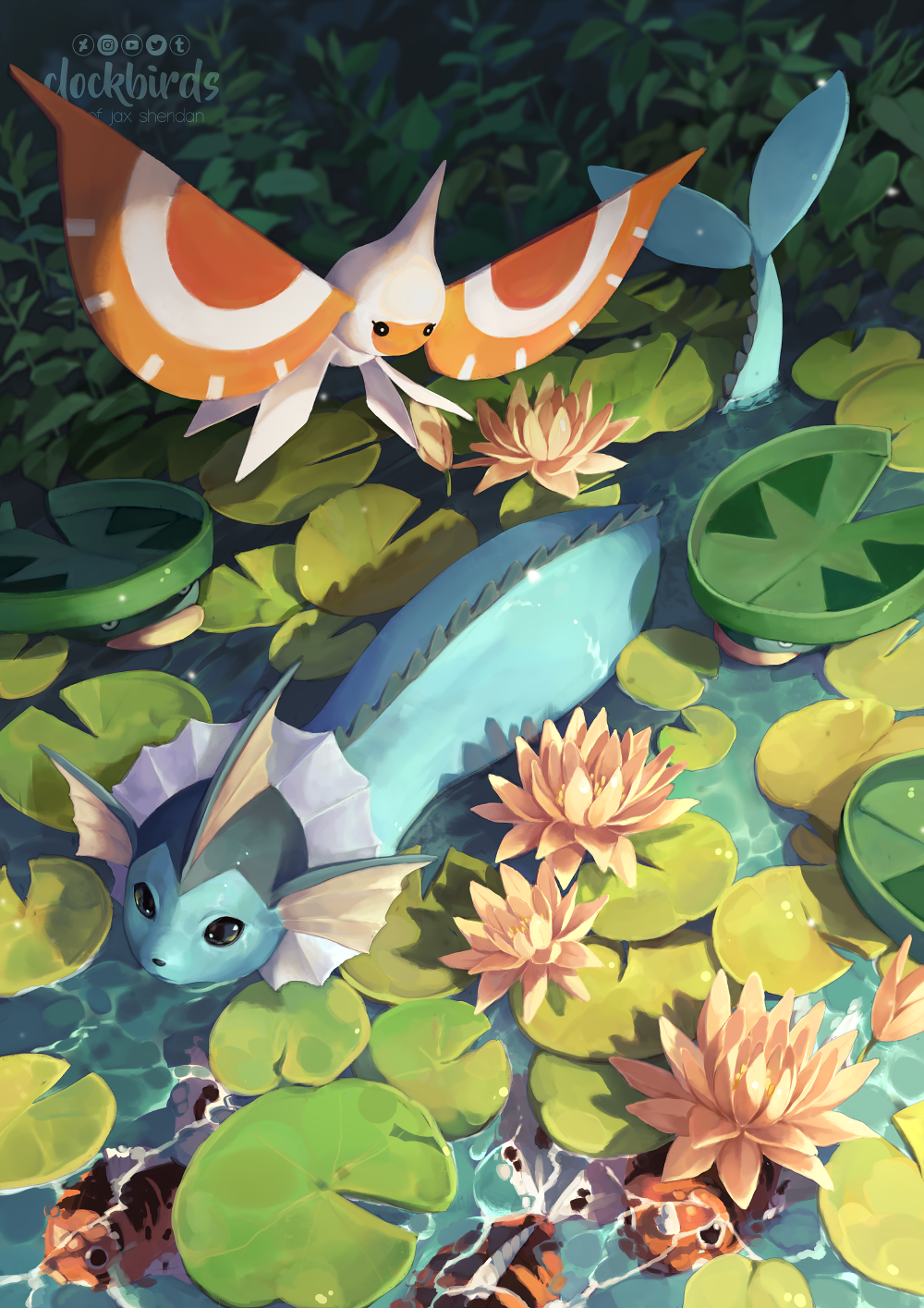 2022 ambiguous_gender clockbirds day detailed_background digital_media_(artwork) feral flower group hi_res lily_pad nintendo outside partially_submerged plant pok&eacute;mon video_games water