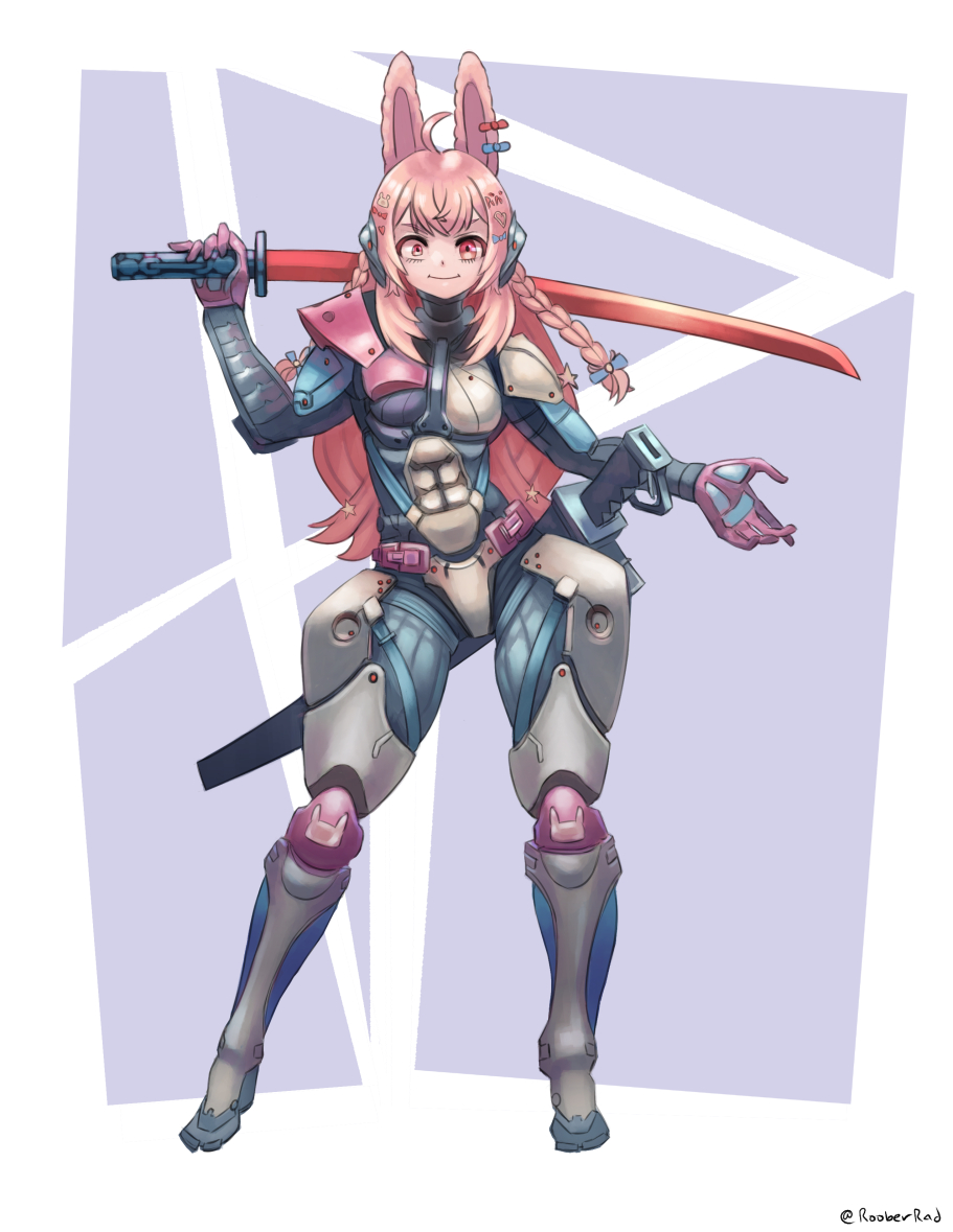 1girl abs animal_ears blue_bow bow braid breasts bunny_hair_ornament commission cosplay crazy_eyes cyborg english_commentary eyebrows_behind_hair hair_bow hair_ornament heart heart_hair_ornament holding holding_sword holding_weapon long_hair looking_at_viewer metal_gear_(series) metal_gear_rising:_revengeance open_hand phase_connect pink_bow pink_eyes pipkin_pippa rabbit_ears rabbit_girl roober samuel_rodrigues samuel_rodrigues_(cosplay) side_braid small_breasts smile solo sword virtual_youtuber weapon white_background