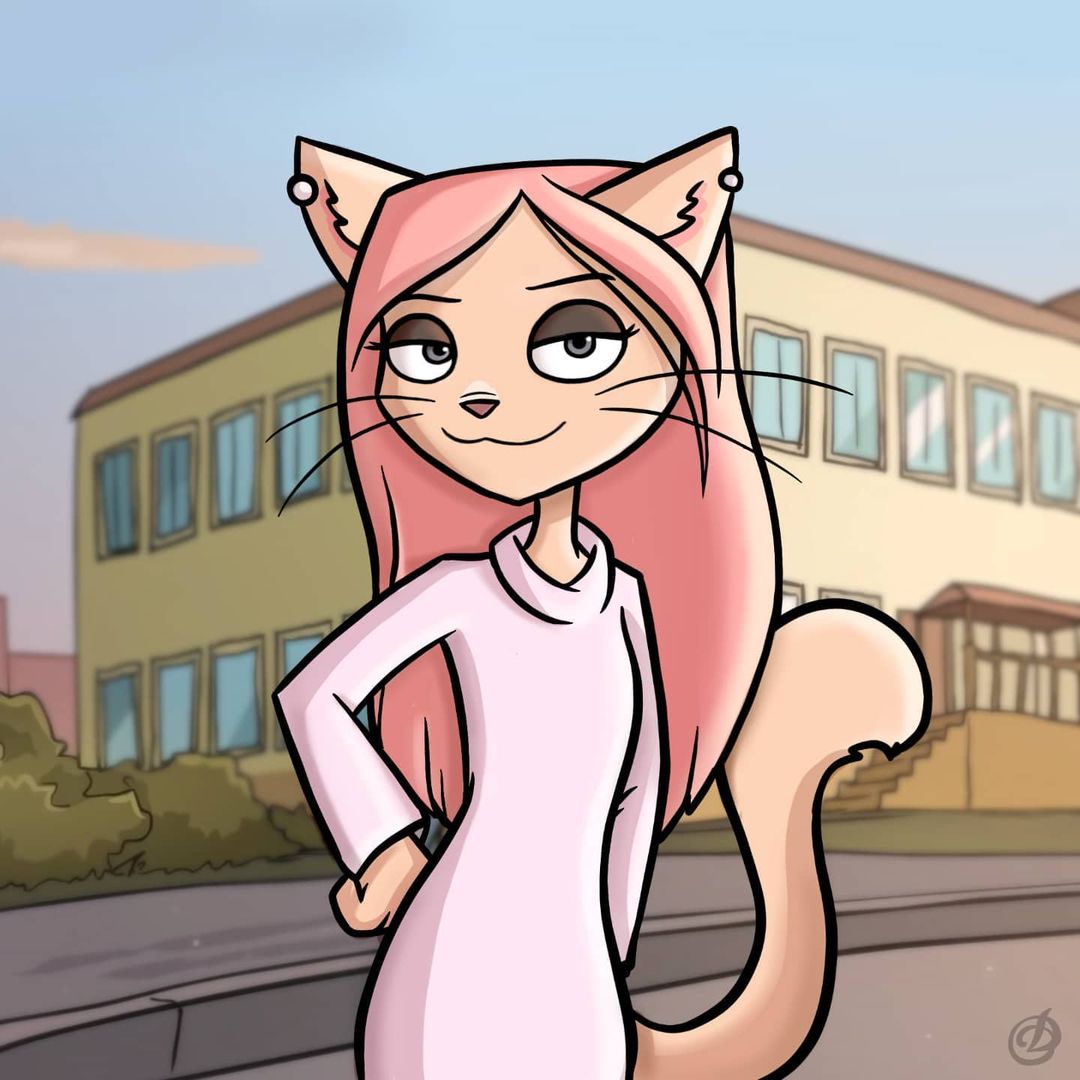 alternate_species anthro clothing diana diana_(metal_family) domestic_cat ear_piercing eyeshadow felid feline felis fur furrification grey_eyes hair looking_at_viewer makeup mammal metal_family piercing pink_hair smile solo tan_body tan_fur