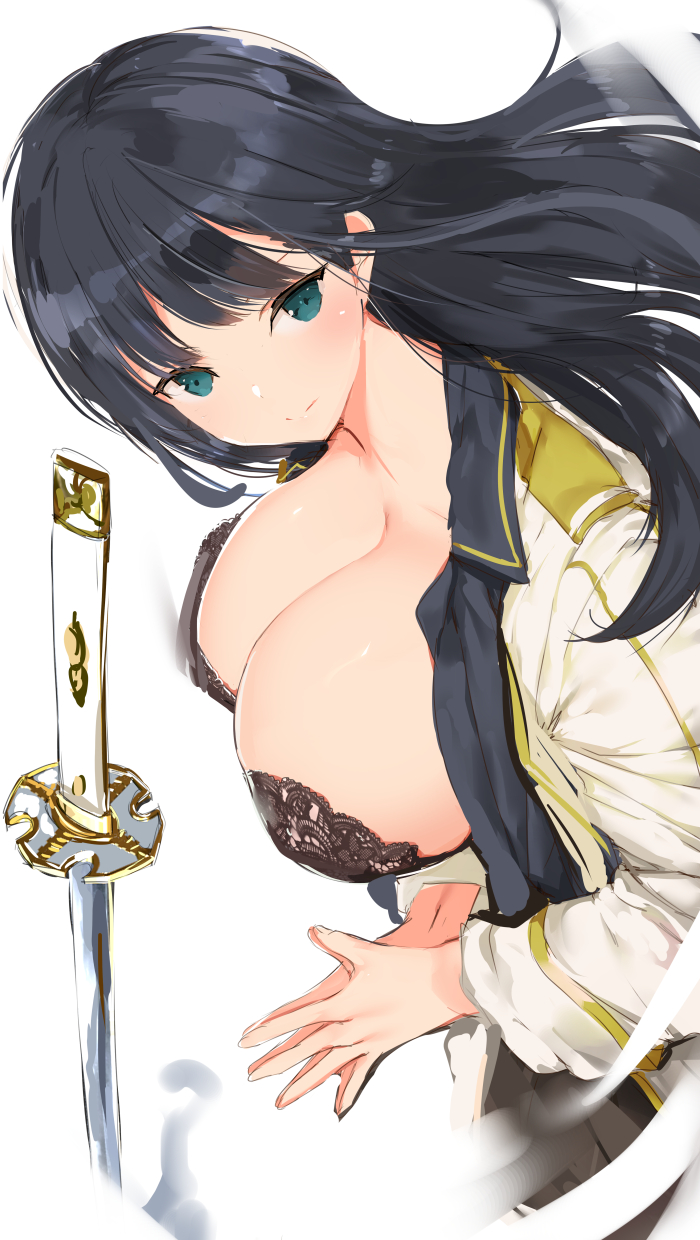 1girl black_bra black_hair bra breasts breasts_outside closed_mouth commentary_request green_eyes highres ikaruga_(senran_kagura) katana lace lace_bra large_breasts lingerie long_hair long_sleeves looking_at_viewer open_clothes open_shirt palms_together sailor_collar school_uniform senran_kagura simple_background solo sword tsurime underwear weapon white_background yaegashi_nan