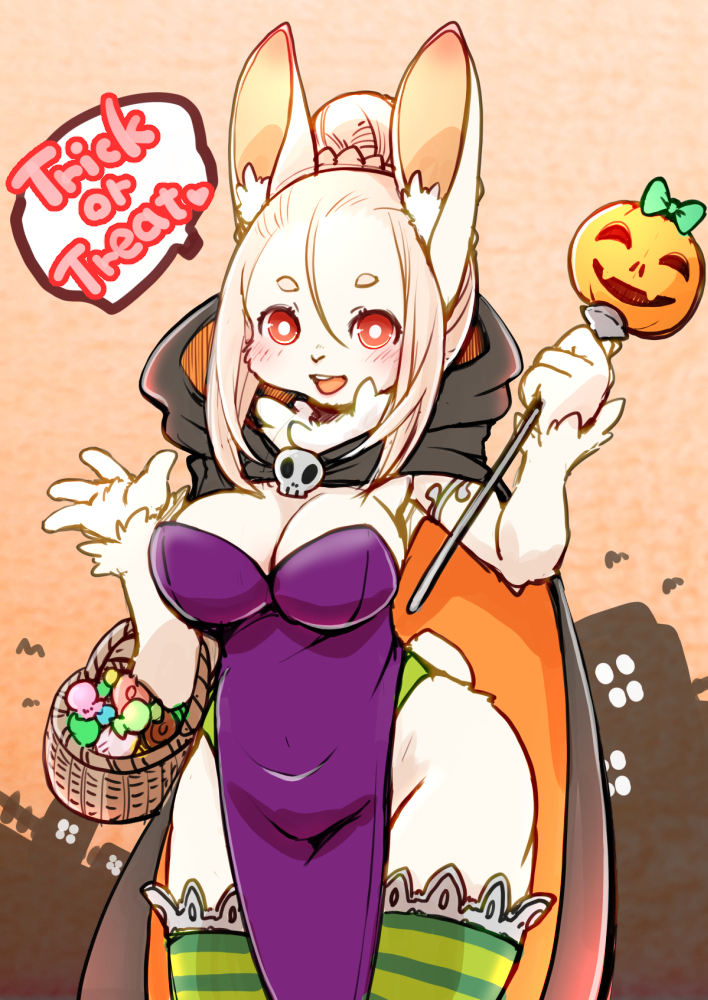 anthro blush breasts clothed clothing female fur hair halloween holidays lagomorph leporid looking_at_viewer mammal rabbit setouchi_kurage smile solo