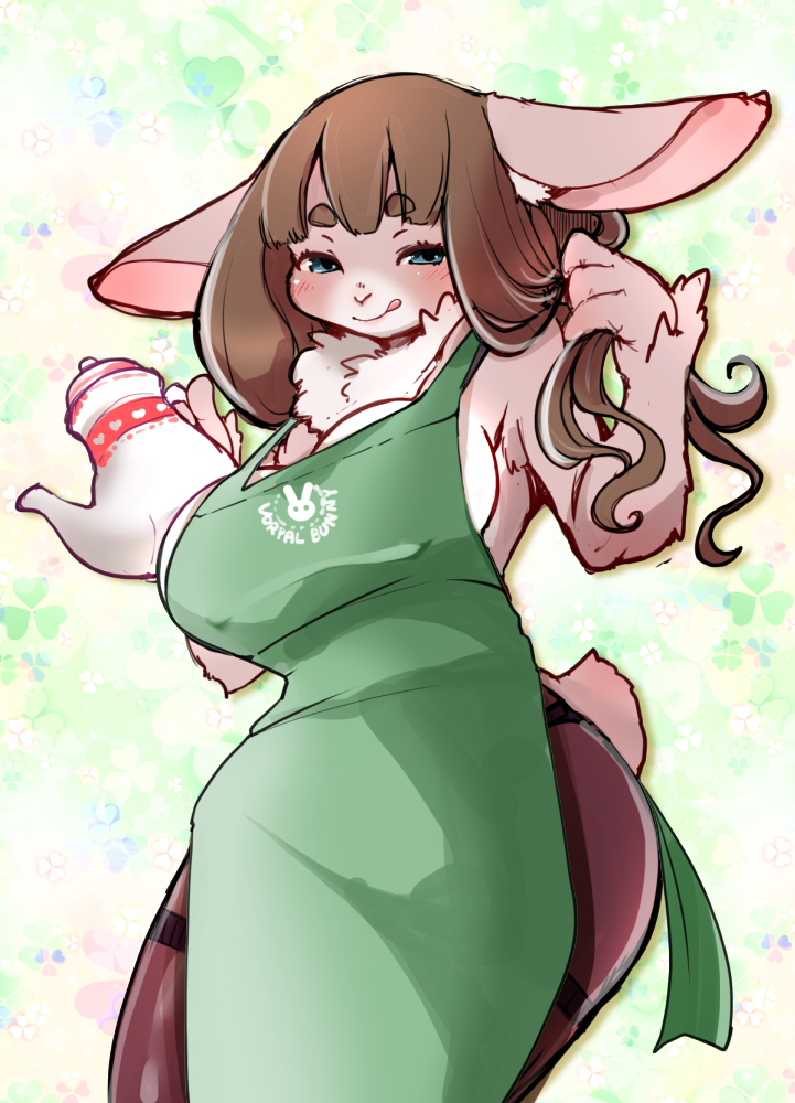 anthro apron blush breasts clothing female green_apron hair i_mean_breast_milk lagomorph leporid looking_at_viewer mammal meme mostly_nude rabbit setouchi_kurage smile solo tongue