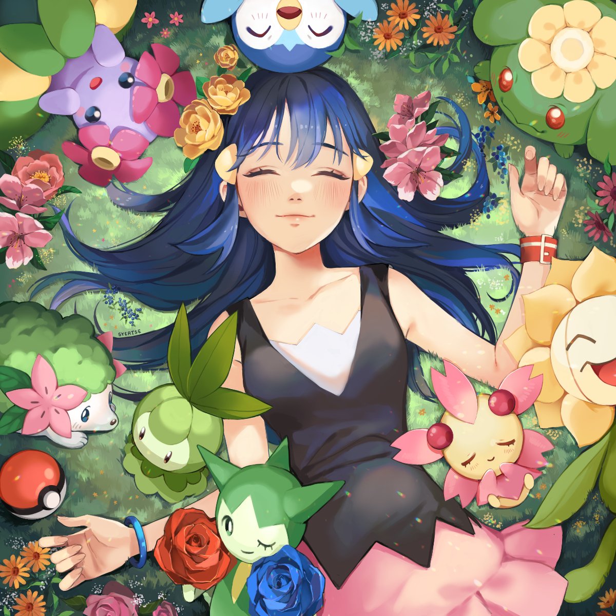 1girl :&gt; ^_^ alternate_color bellossom blue_hair blush_stickers bracelet cherrim cherrim_(sunshine) closed_eyes closed_mouth dawn eyelashes flower grass highres jewelry light_blush long_hair lying on_back one_eye_closed open_mouth petilil pink_skirt poke_ball poke_ball_(basic) pokemon pokemon_(creature) pokemon_(game) pokemon_dppt prinplup roselia shaymin shaymin_(land) shiny_pokemon skiploom skirt sleeveless smile sunflora syertse symbol-only_commentary wristband