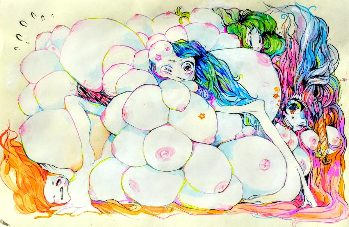 big_breasts blue_hair breast_squish breasts clenched_teeth confusion female fusion green_hair group hair human mammal monster multi_breast multicolored_hair nipples nude orange_hair rabbitfears squish teeth traditional_media_(artwork) what what_has_science_done white_body white_skin