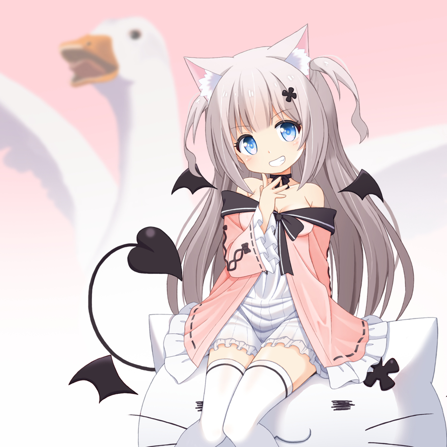 1girl animal_ear_fluff animal_ears arm_behind_back bangs bird black_bow black_choker blue_eyes blush bow bow_choker bow_dress cat_pillow character_request choker demon_tail demon_wings dress eyebrows_visible_through_hair frilled_dress frills grey_hair hair_ornament hairpin hand_up knees_together_feet_apart long_hair long_sleeves looking_at_viewer mogura2009 multicolored_clothes multicolored_dress off_shoulder original pink_dress sitting smile solo swan tail teeth thighhighs two_side_up very_long_hair virtual_youtuber white_dress white_legwear wide_sleeves wings zettai_ryouiki