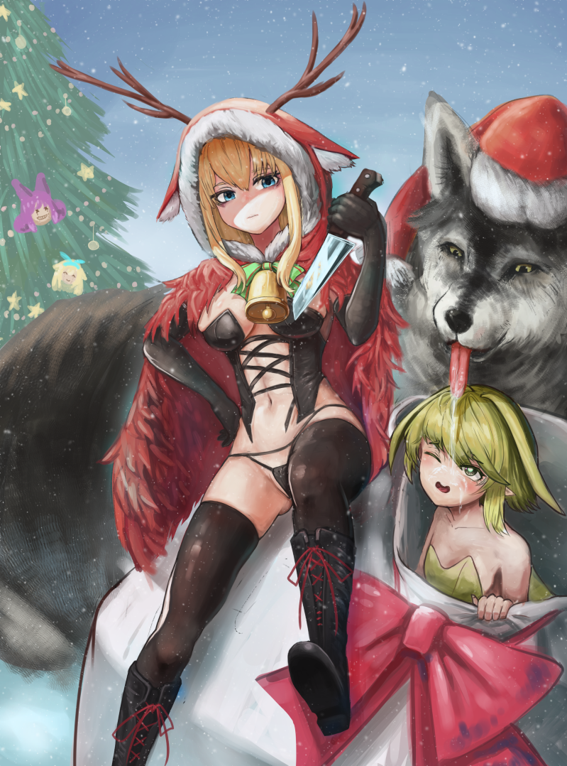 2girls alice_(black_souls) animal animal_hood antlers bangs bell black_footwear black_gloves black_legwear black_panties black_souls blonde_hair boots bow breasts bright_pupils cape cheshire_cat_(black_souls) christmas christmas_ornaments christmas_tree cross-laced_clothes cross-laced_footwear elbow_gloves eyebrows_visible_through_hair fairy fairy_wings fur-trimmed_hood fur_trim gloves green_bow green_eyes green_wings hair_between_eyes hair_flaps hand_on_hip hand_up hat holding holding_knife hood hood_up hooded_cape in_container in_sack knee_boots knife lace-up_boots leaf_(black_souls) light_blue_eyes light_green_hair long_hair medium_breasts multiple_girls navel one_eye_closed open_mouth panties pointy_ears poro_(black_souls) red_cape red_headwear red_hood_(black_souls) ropeperson sack saliva santa_hat smile snow snowing star_(symbol) strapless thighhighs underwear white_pupils wings wolf