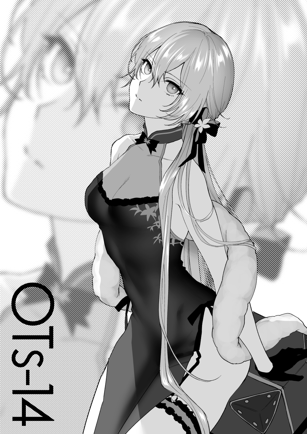 1girl bangs bare_shoulders black_dress black_gloves bow breasts character_name cleavage closed_mouth collarbone dress expressionless eyebrows_visible_through_hair feet_out_of_frame fur girls'_frontline gloves hair_bow highres long_hair looking_at_viewer medium_breasts monochrome ots-14_(girls'_frontline) shoukaki_(earthean) solo standing